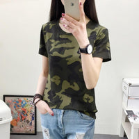 Thumbnail for T-shirt Women's Bottoming Shirt Round Neck Camouflage Short-sleeved Slim Army Green Military Uniform